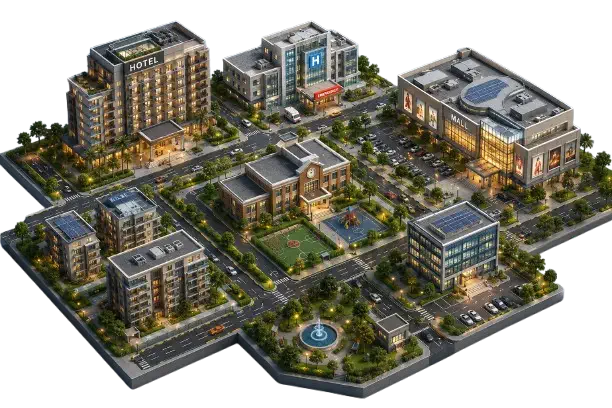 Interactive isometric district showing smart solutions for a hotel, hospital, mall, school, and residential building