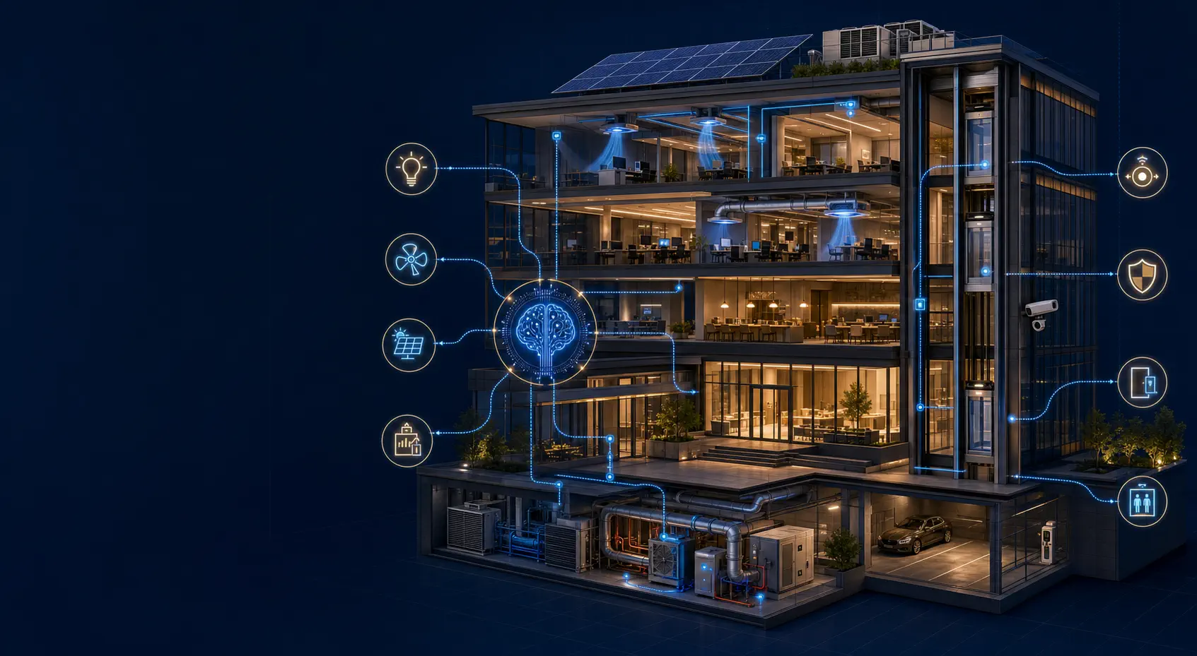 Cutaway of a smart building showing connected lighting, HVAC, energy, security, elevators, and AI systems
